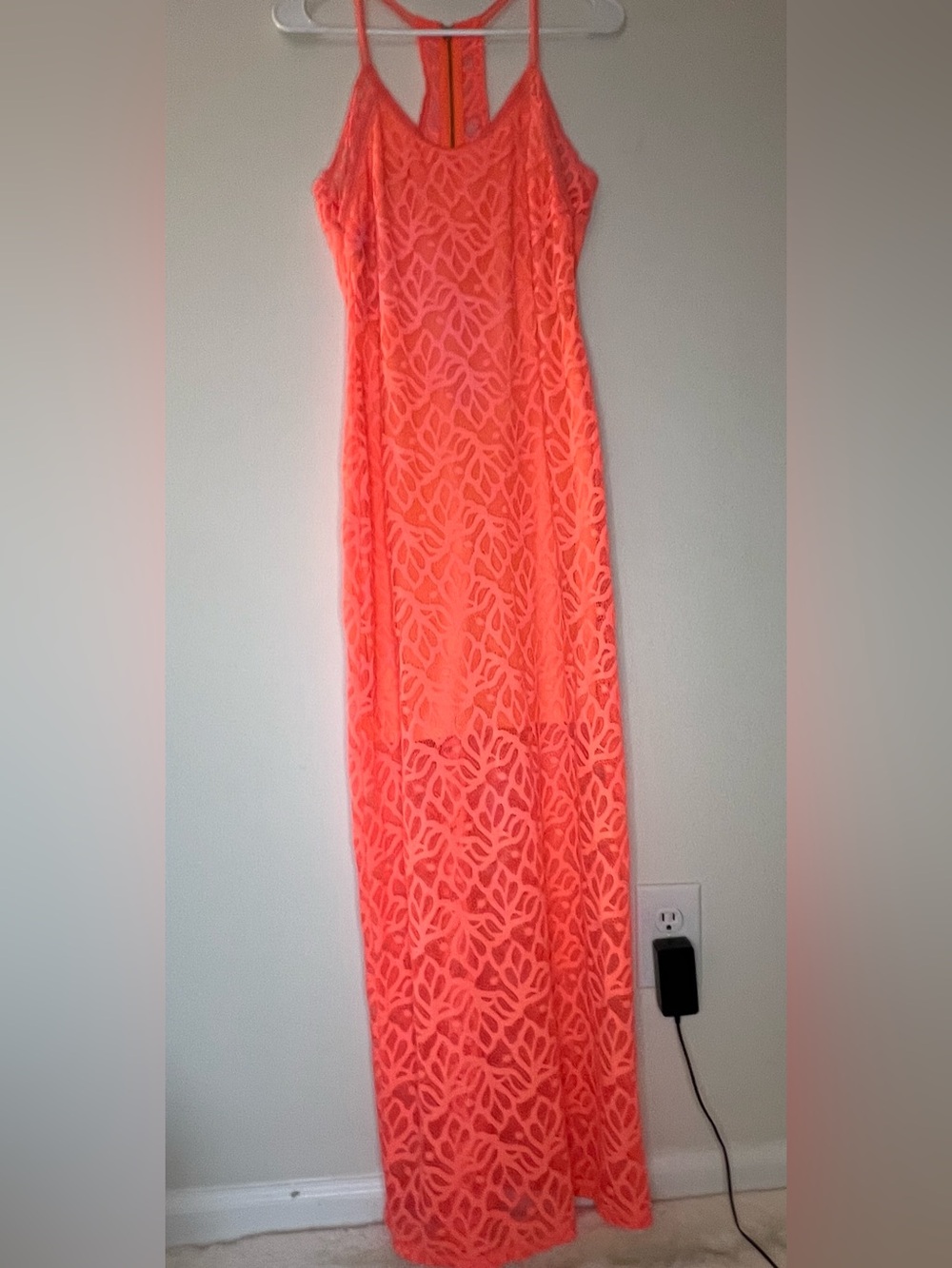 Bebe Vibrant Orange Floral Lace Bodycon Maxi Dress